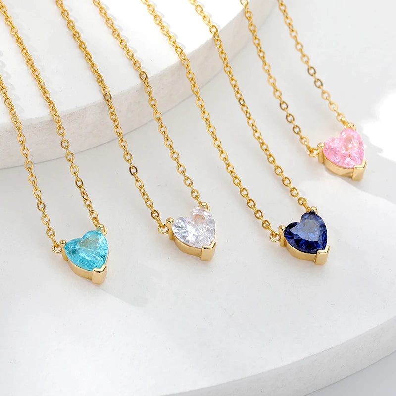 Gold Plated Stainless Steel Heart Pendant Necklace for Women – Zircon Choker Jewelry