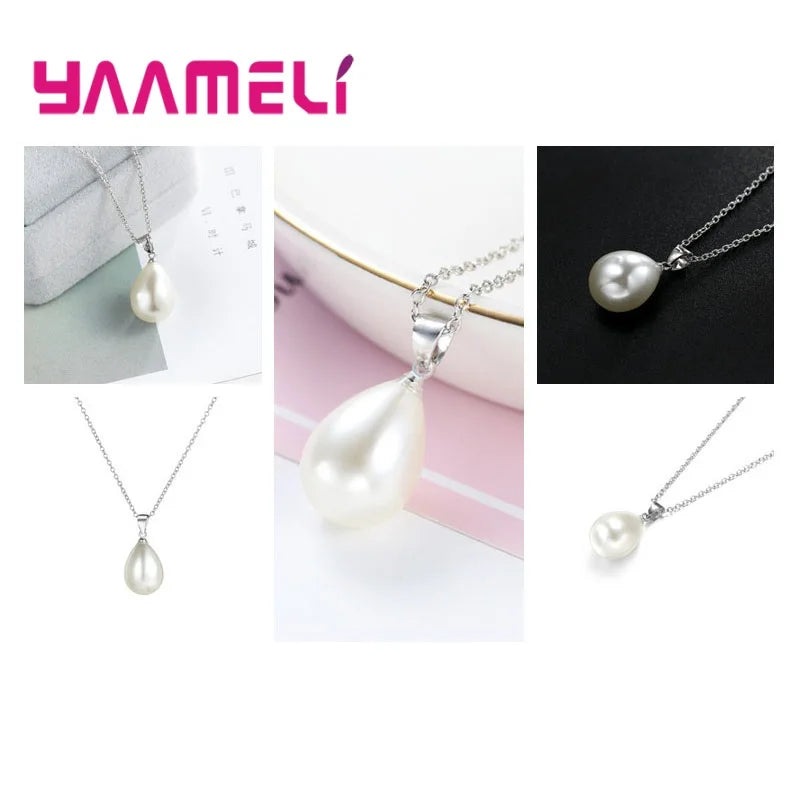 Sterling Silver Color Pearl Jewelry Set – Teardrop Pendant Necklace & Hoop Earrings