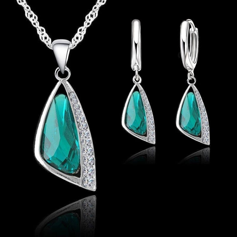 Sterling Silver Color Jewelry Set – Geometric Crystal Necklace & Earrings for Women