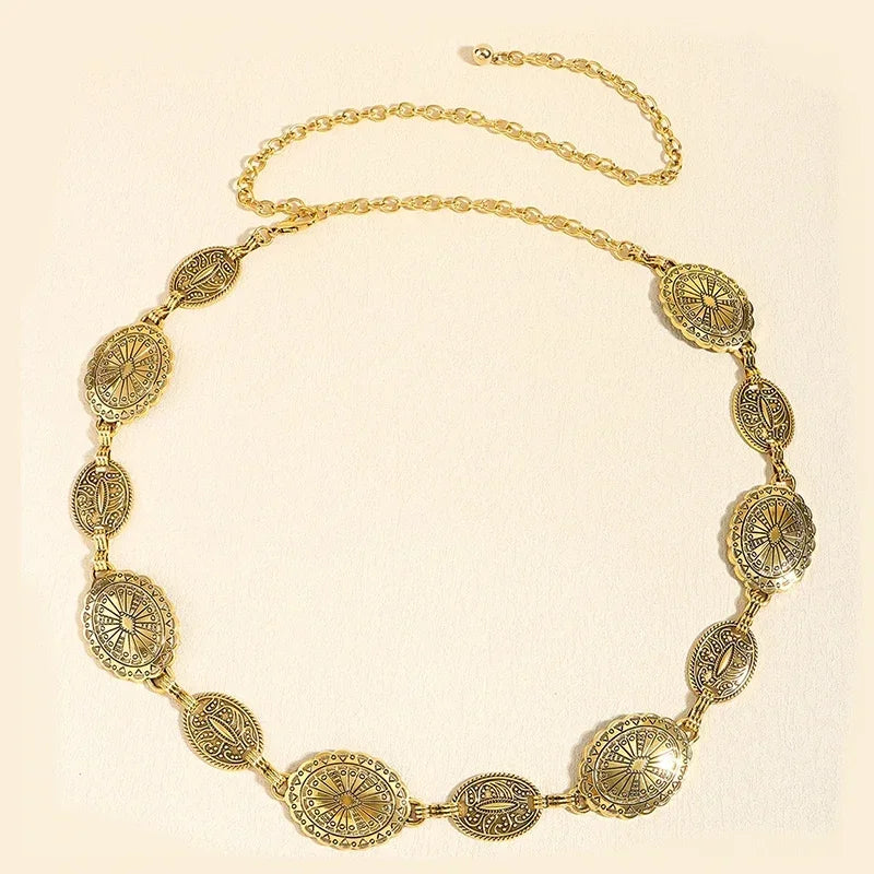 Retro Metal Waist Chain Belt for Women – Decorative Circle Carved Chain Accessory