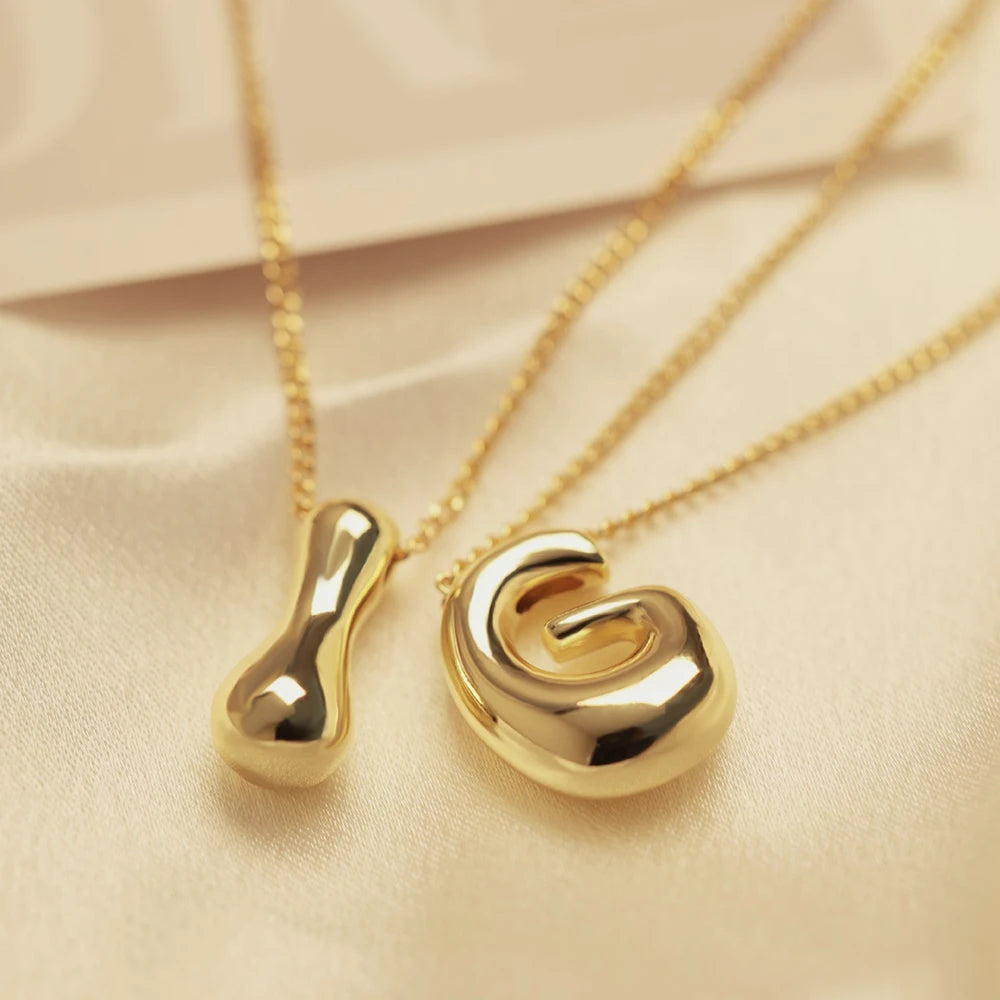 Gold Color Stainless Steel Initial Necklace for Women – Bubble Letter Pendant