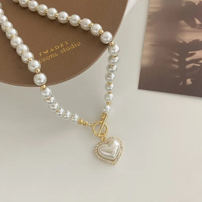 Elegant Pearl Heart Pendant Necklace for Women – Simulated Pearl Korean Jewelry