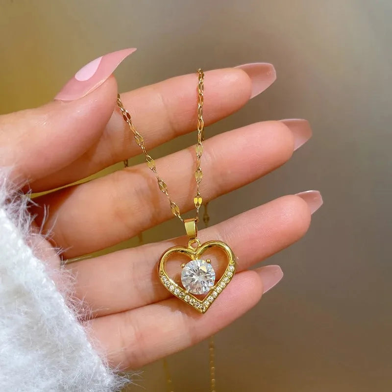 Heart Pendant Necklace for Women – Gold Chain with Zircon Gems, Classic Jewelry
