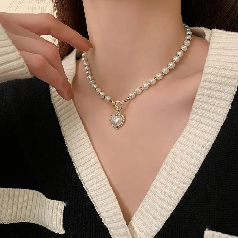 Elegant Pearl Heart Pendant Necklace for Women – Simulated Pearl Korean Jewelry