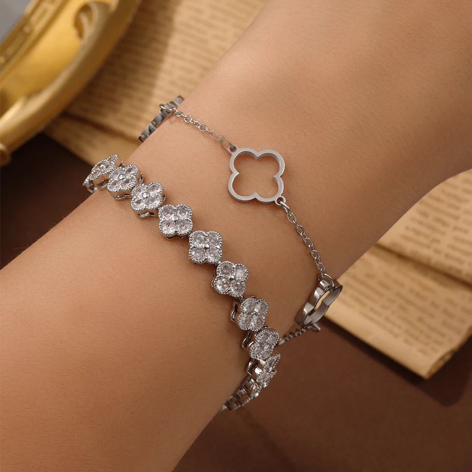 Four-Leaf Clover Zircon Flower Bracelet for Women – Stainless Steel Chain