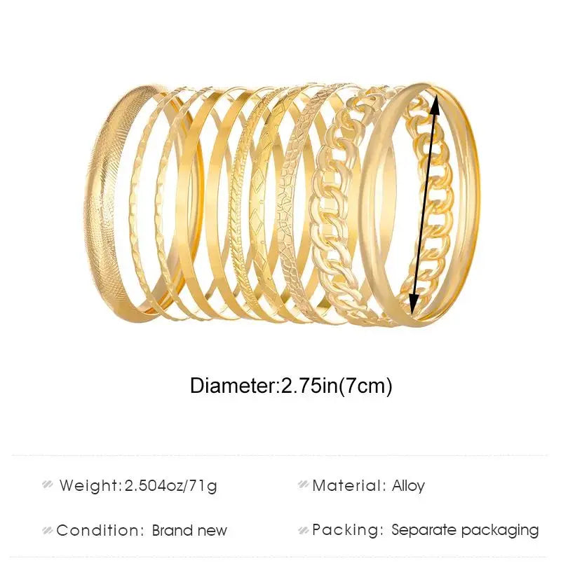 10-Piece Bohemian Retro Gold & Silver Wide-Face Bracelet Set for Women