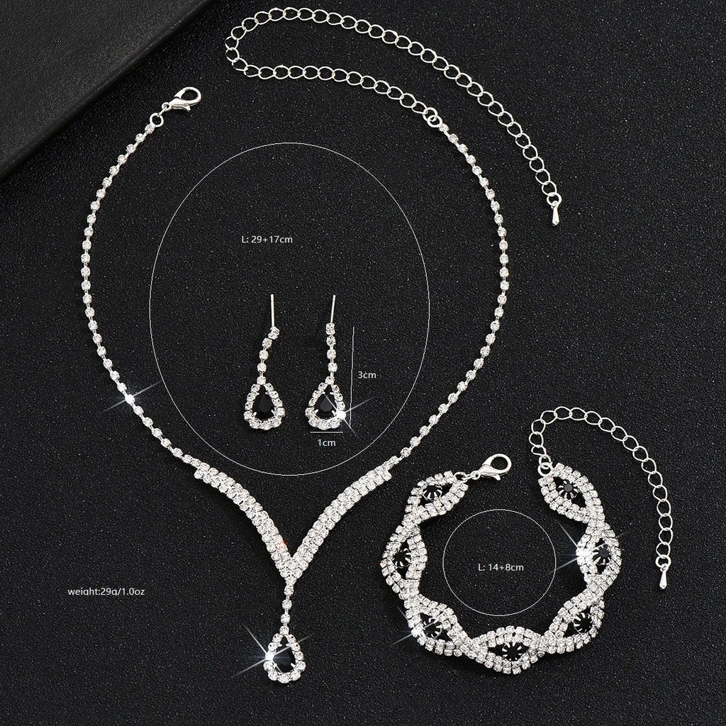 Black Water Drop Rhinestone Jewelry Set – V Necklace & Earrings for Women