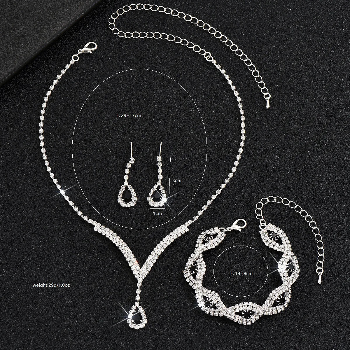 Black Water Drop Rhinestone Jewelry Set – V Necklace & Earrings for Women