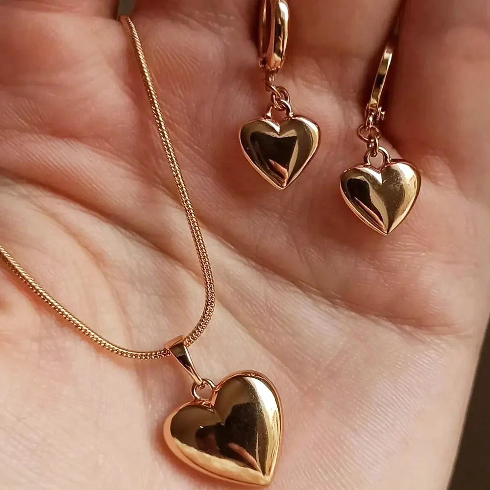 Gold Plated Heart Jewelry Set – Necklace & Dangle Earrings for Women