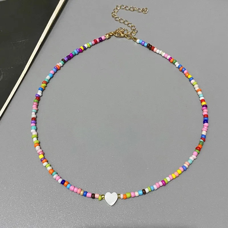 Colorful Glass Bead Heart Choker Necklace for Girls – Shell Pendant Trendy Jewelry