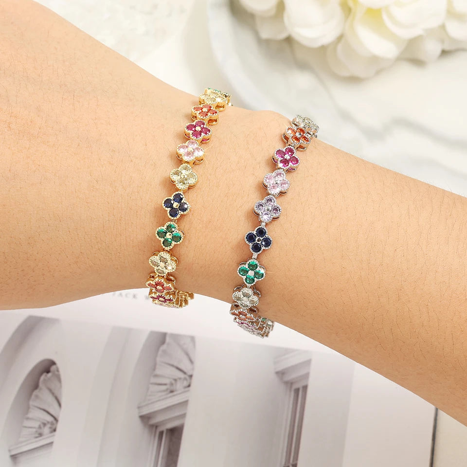 Four-Leaf Clover Zircon Flower Bracelet for Women – Stainless Steel Chain