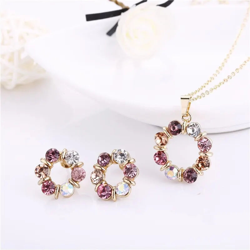 3-Piece Gold Necklace & Earrings Set for Women – Glass Diamond Circle Wedding Jewelry