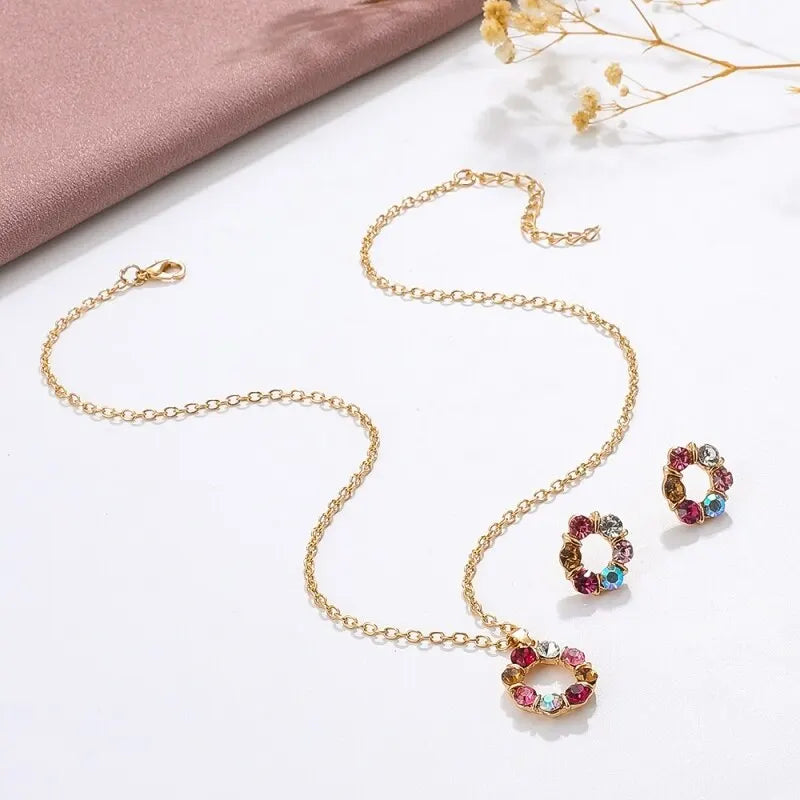 3-Piece Gold Necklace & Earrings Set for Women – Glass Diamond Circle Wedding Jewelry