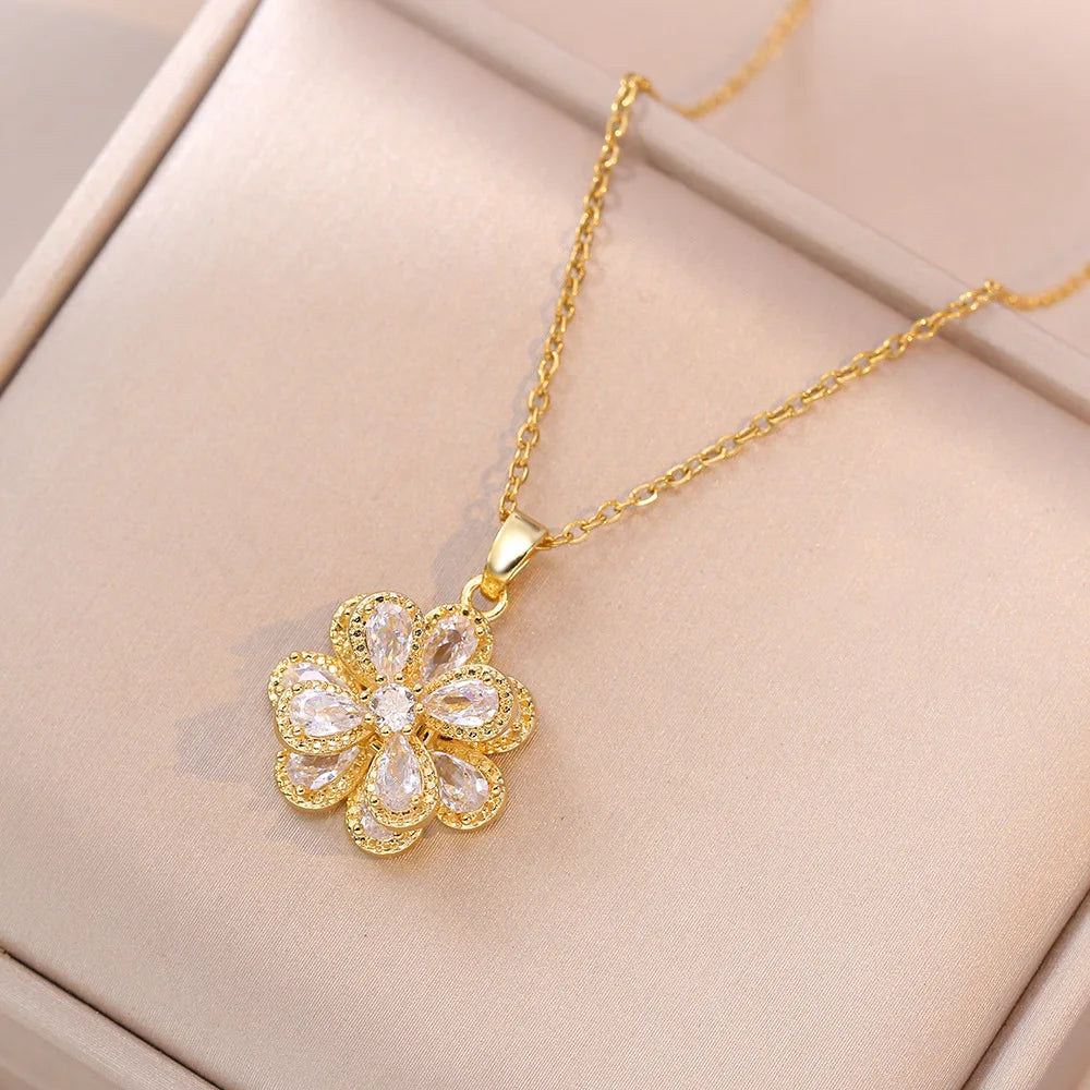 Gold Color Zircon Flower Pendant Necklace for Women – Stainless Steel Chain