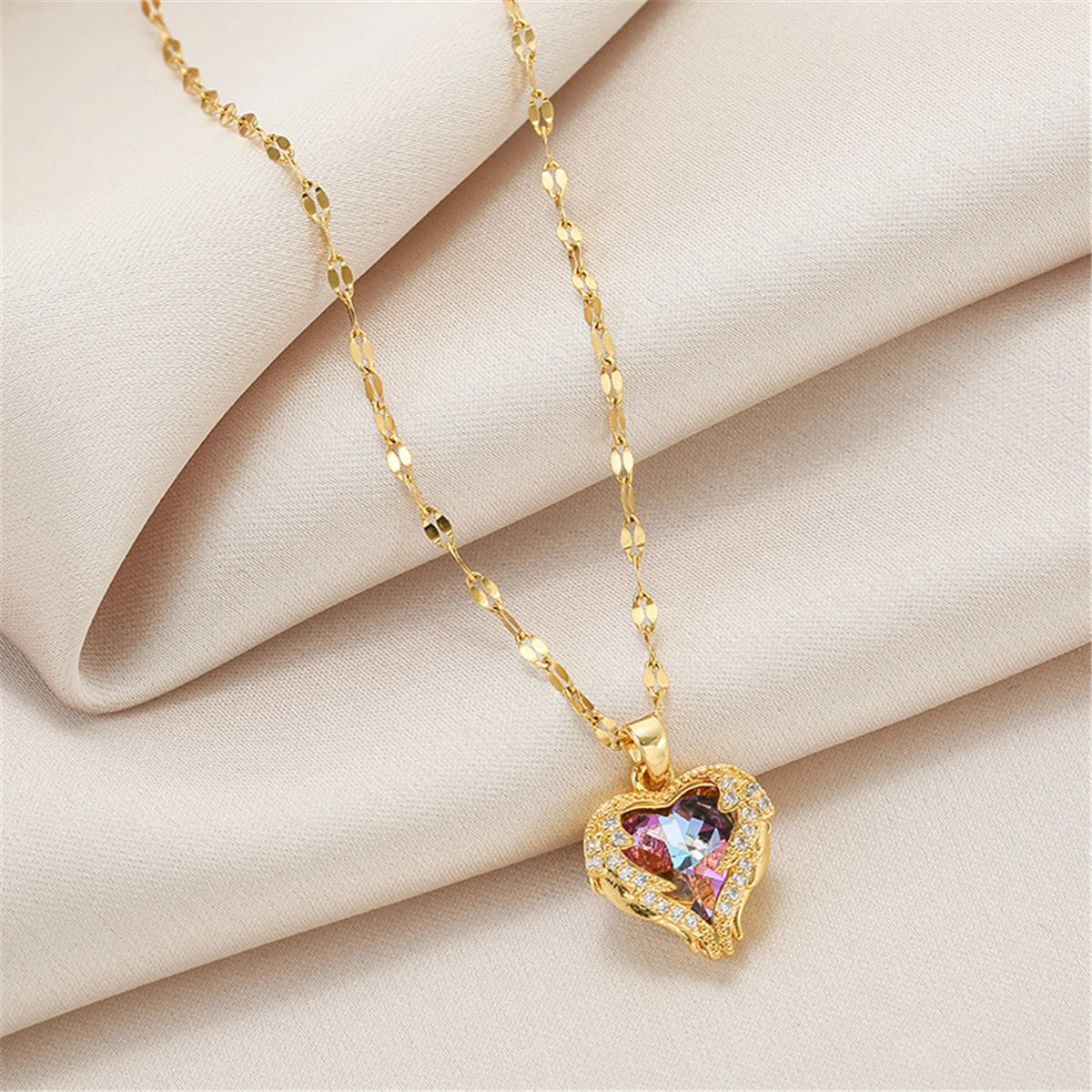 Colorful Crystal Ocean Heart Pendant Necklace for Women – Stainless Steel Jewelry