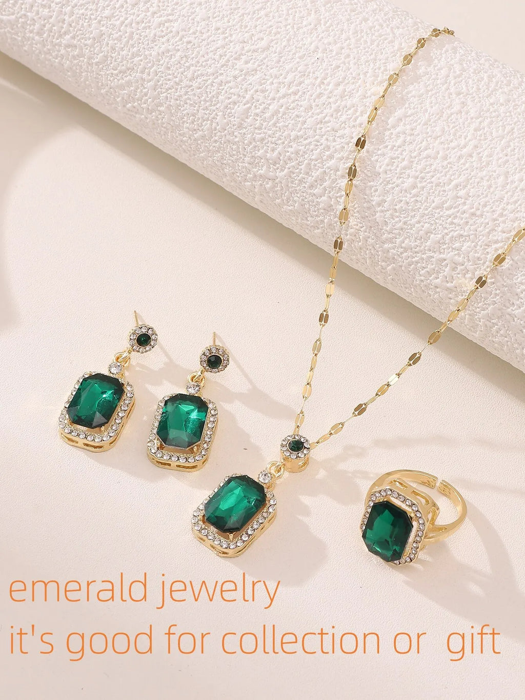 Emerald Crystal Pendant Jewelry Set – Gold Necklace, Earrings & Ring for Women