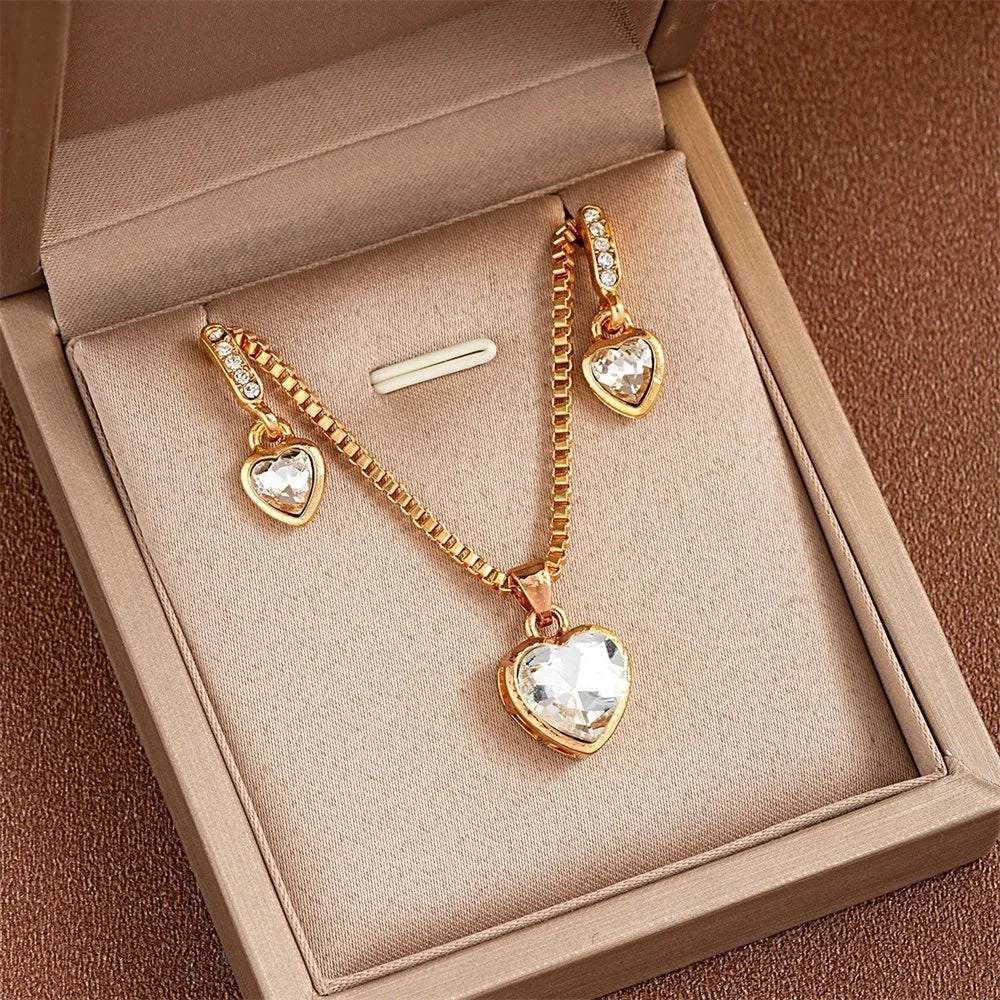 3-Piece Heart Pendant Jewelry Set for Women – Necklace & Earrings with Rhinestones