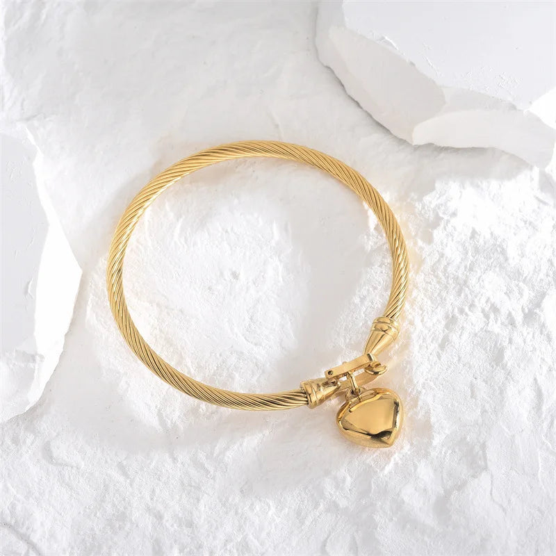 18K Gold Color Stainless Steel Heart Pendant Bangle Bracelet for Women