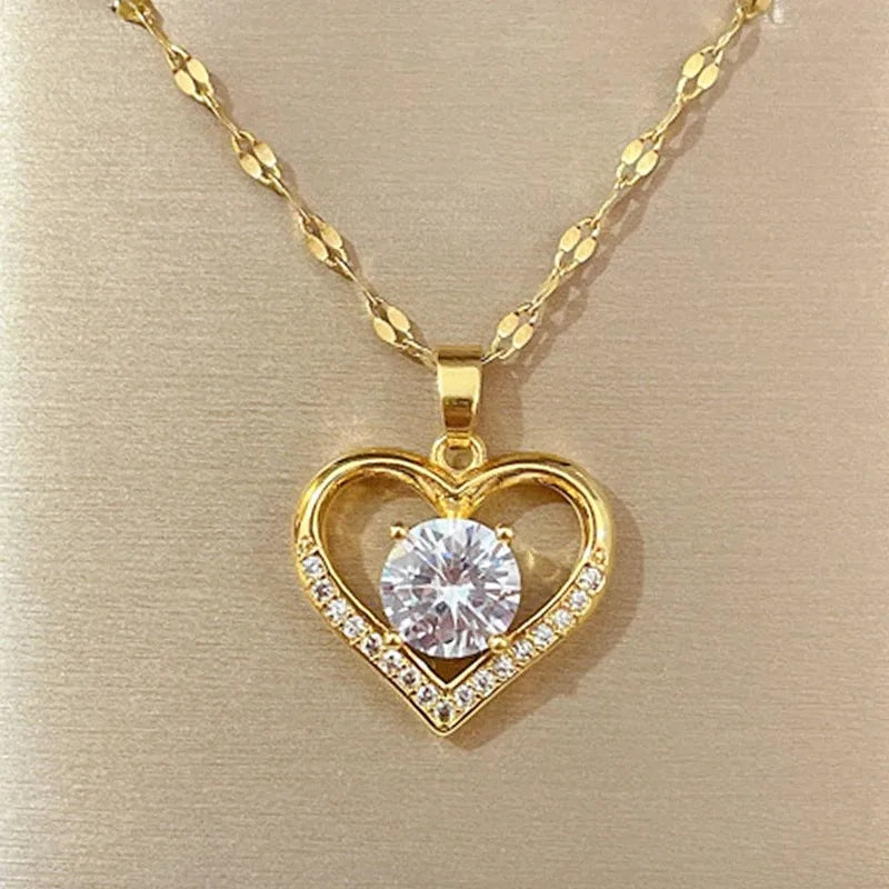 Heart Pendant Necklace for Women – Gold Chain with Zircon Gems, Classic Jewelry