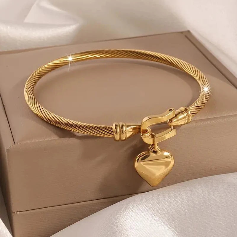 18K Gold Color Stainless Steel Heart Pendant Bangle Bracelet for Women