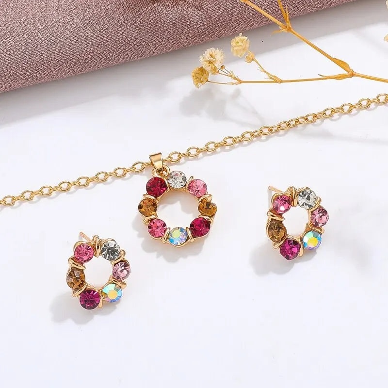 3-Piece Gold Necklace & Earrings Set for Women – Glass Diamond Circle Wedding Jewelry