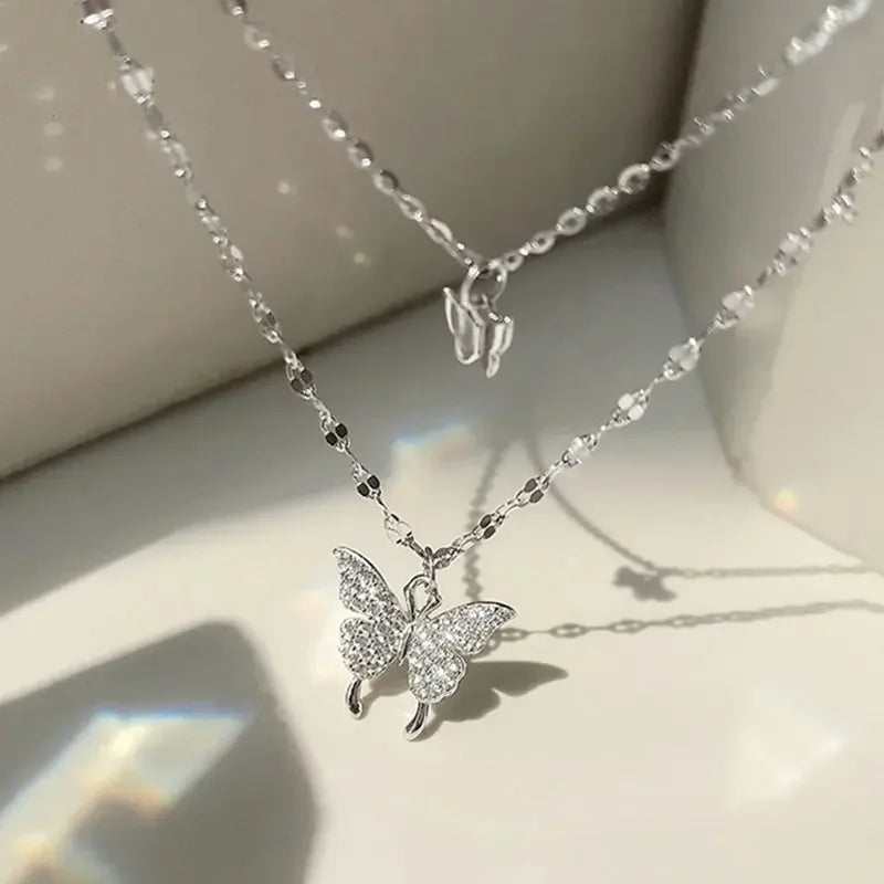 Double Layer Butterfly Necklace for Women – Sparkling Zinc Alloy Chain Jewelry