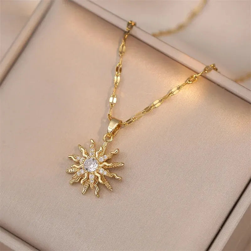Gold Color Zircon Flower Pendant Necklace for Women – Stainless Steel Chain