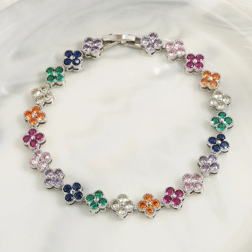 Four-Leaf Clover Zircon Flower Bracelet for Women – Stainless Steel Chain