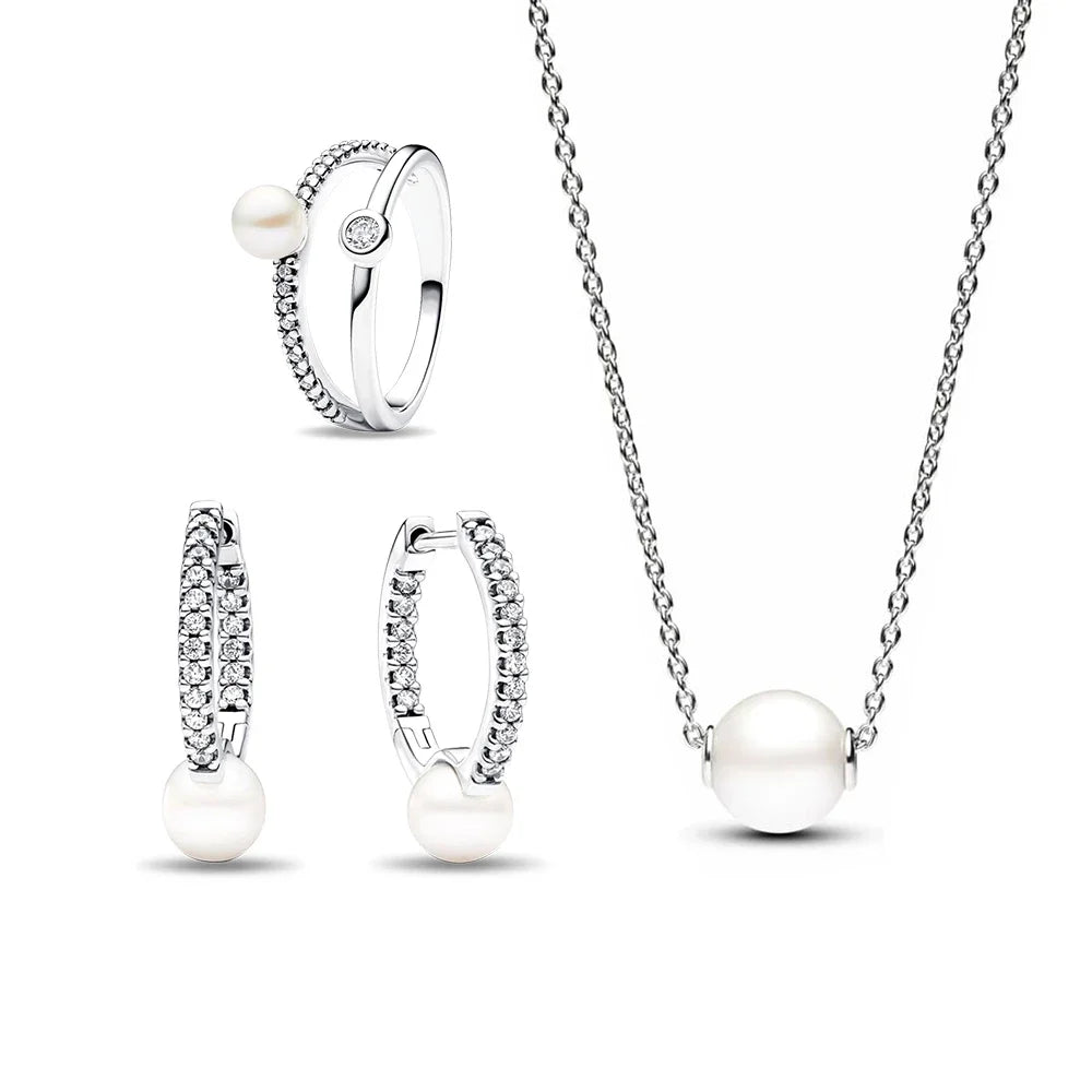 925 Sterling Silver Freshwater Pearl Jewelry Set – Necklace, Earrings & Ring for Women