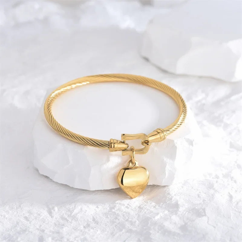 18K Gold Color Stainless Steel Heart Pendant Bangle Bracelet for Men & Women