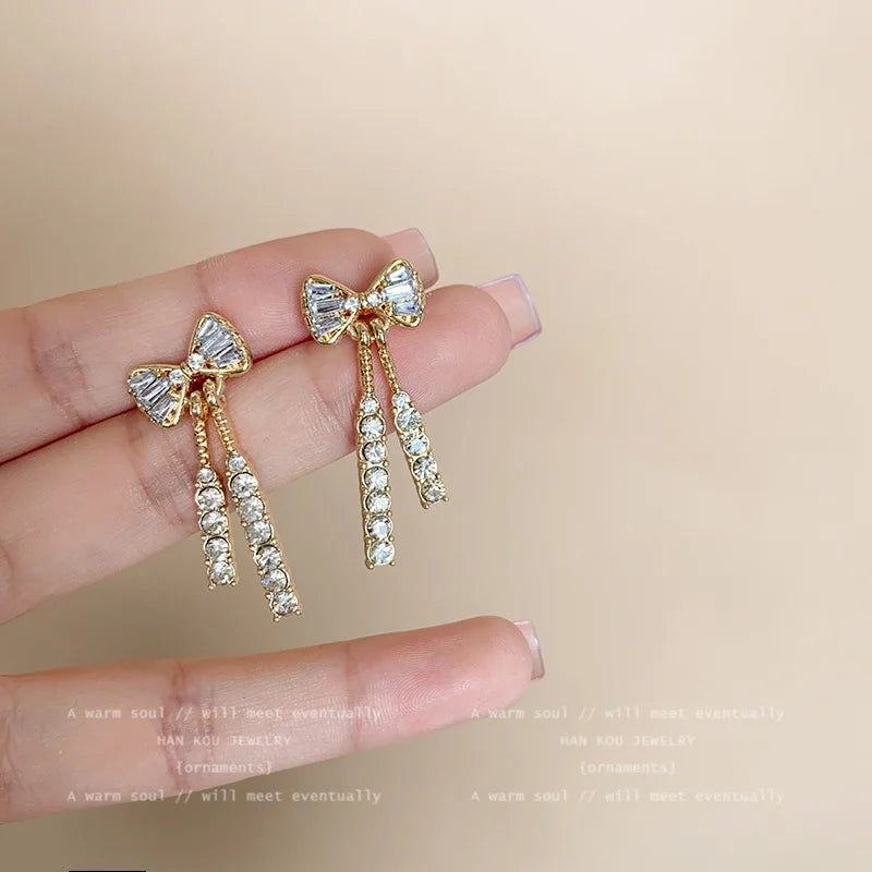 Gold Bow Stud Earrings for Women – Rhinestone Dainty Fashion Jewelry