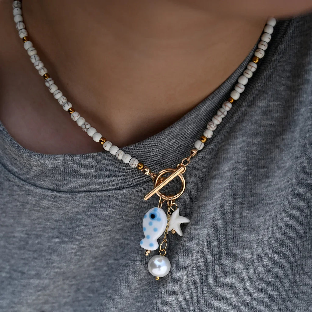 Bohemian Ceramic Fish & Starfish Pendant Necklace – Rainbow Bead Beach Jewelry