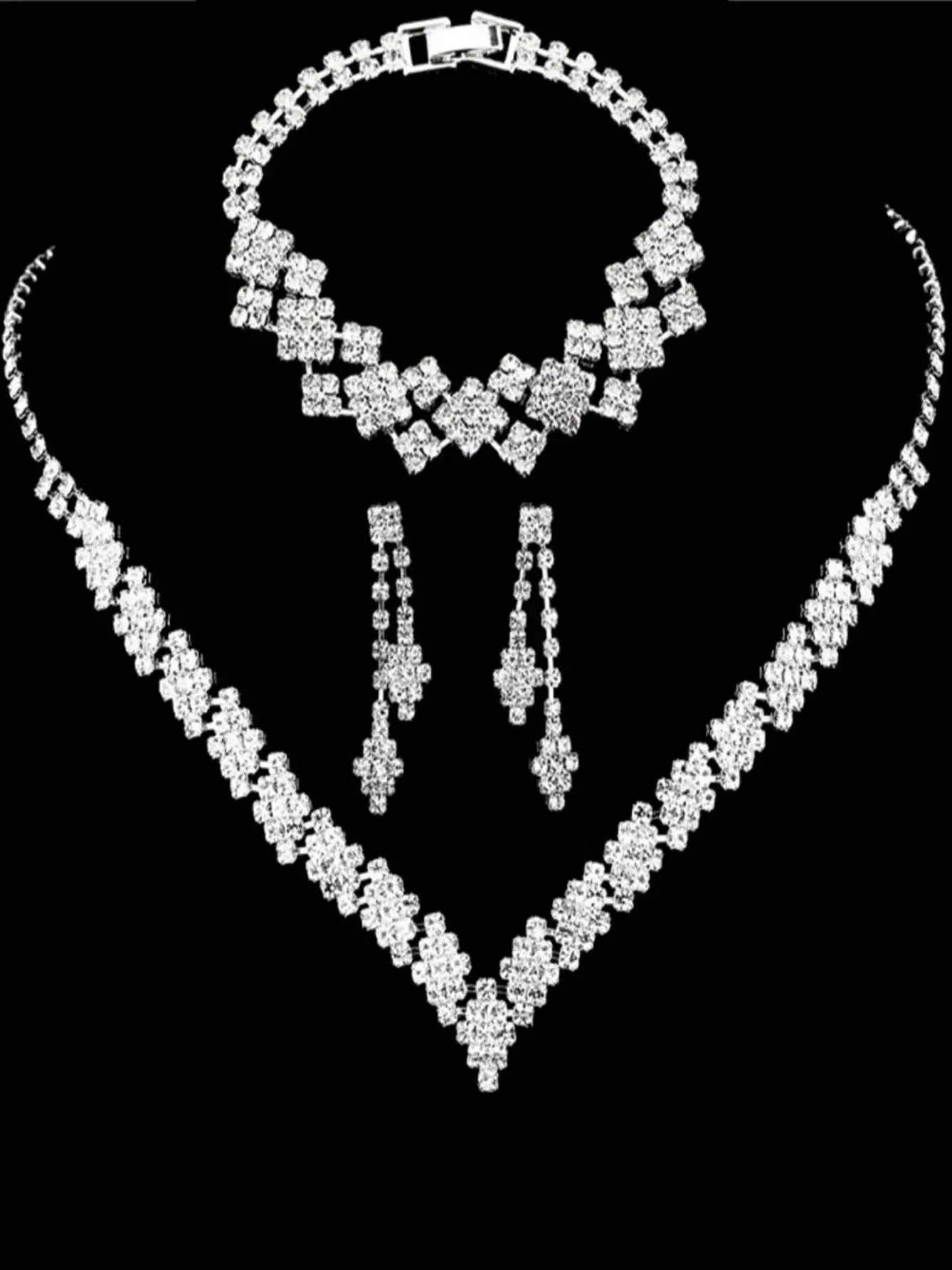 Silver Plated Rhinestone Tassel Jewelry Set – Necklace & Earrings for Women