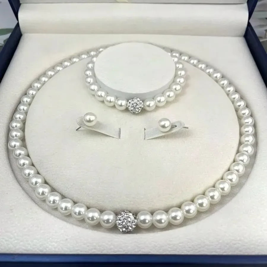 3-Piece Imitation Pearl Jewelry Set – Necklace, Bracelet & Earrings with Crystal Accents
