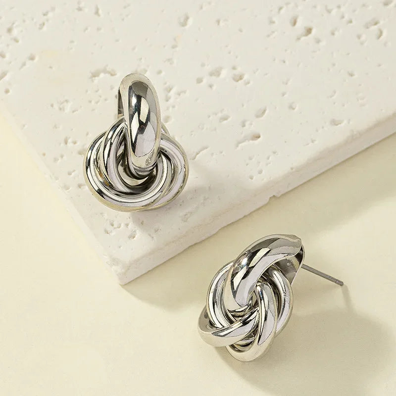 Gold & Silver Knot Stud Earrings for Women – Trendy Geometric Twist Design