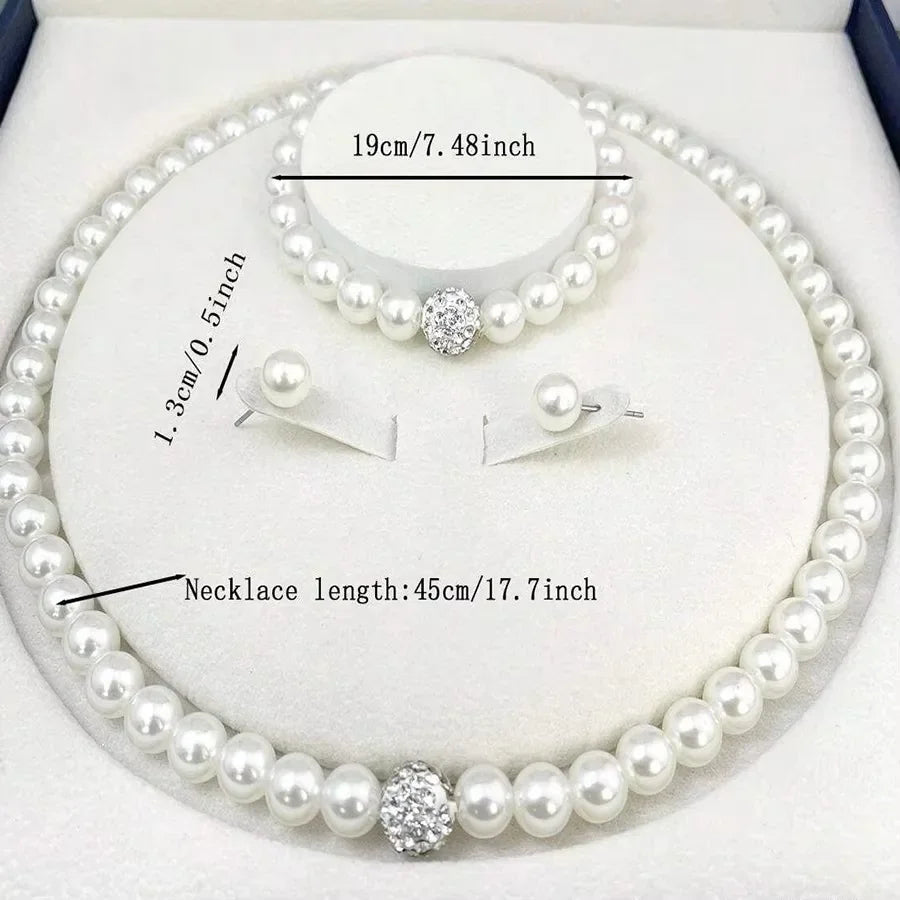 3-Piece Imitation Pearl Jewelry Set – Necklace, Bracelet & Earrings with Crystal Accents