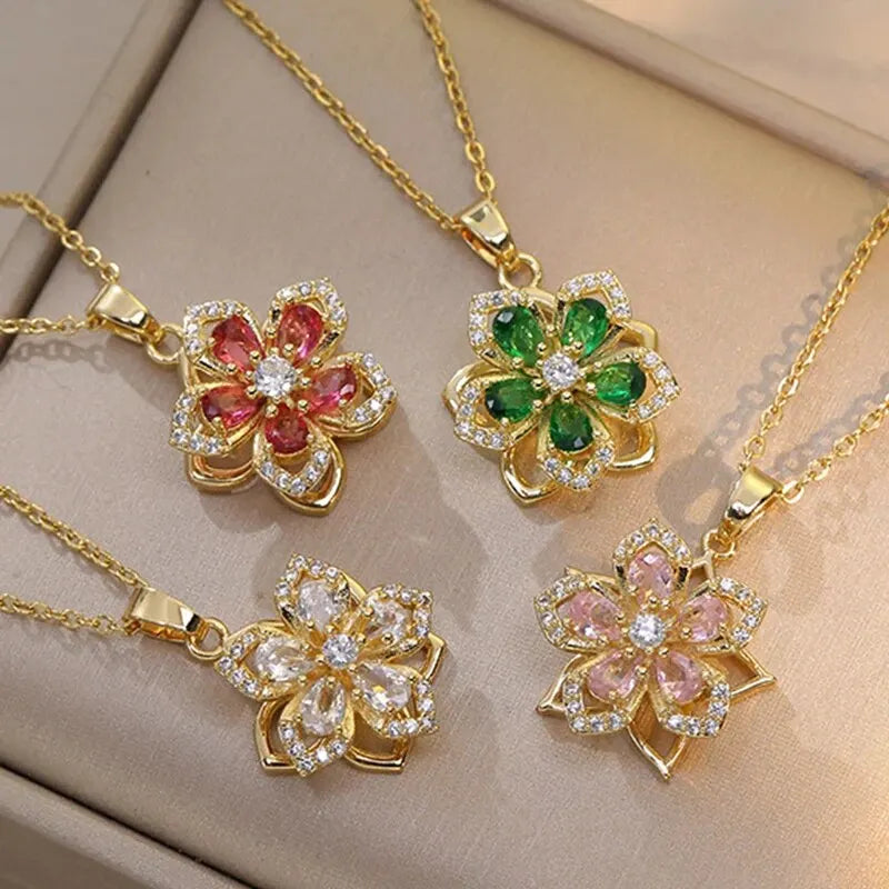 Gold Color Zircon Flower Pendant Necklace for Women – Stainless Steel Chain