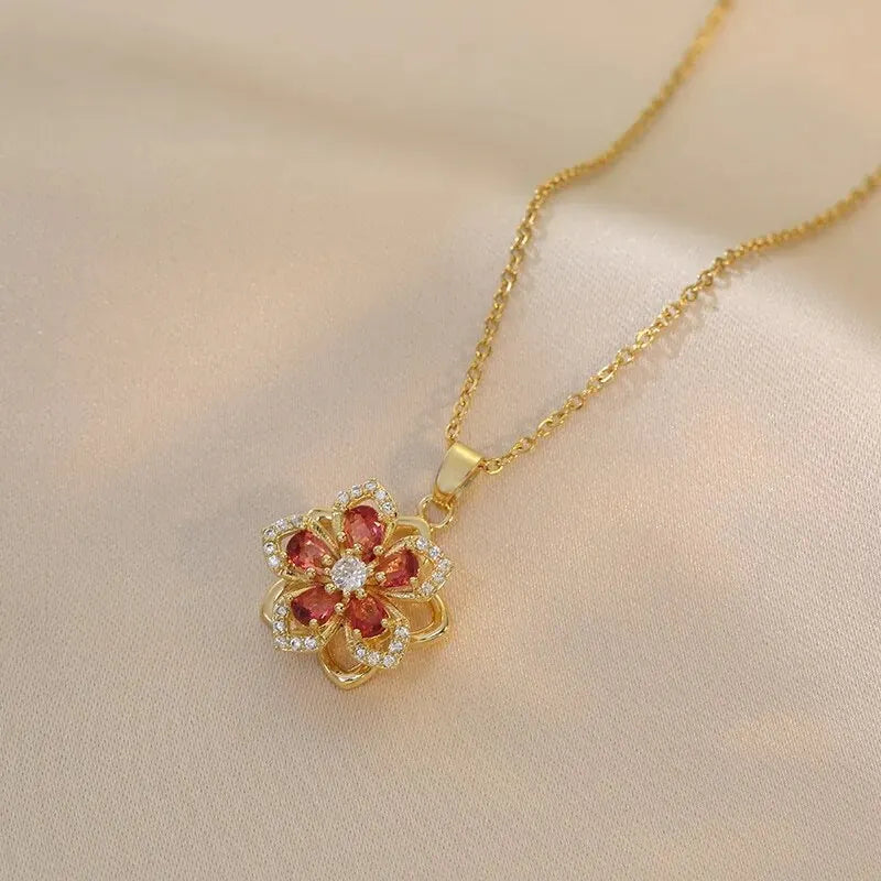 Gold Color Zircon Flower Pendant Necklace for Women – Stainless Steel Chain