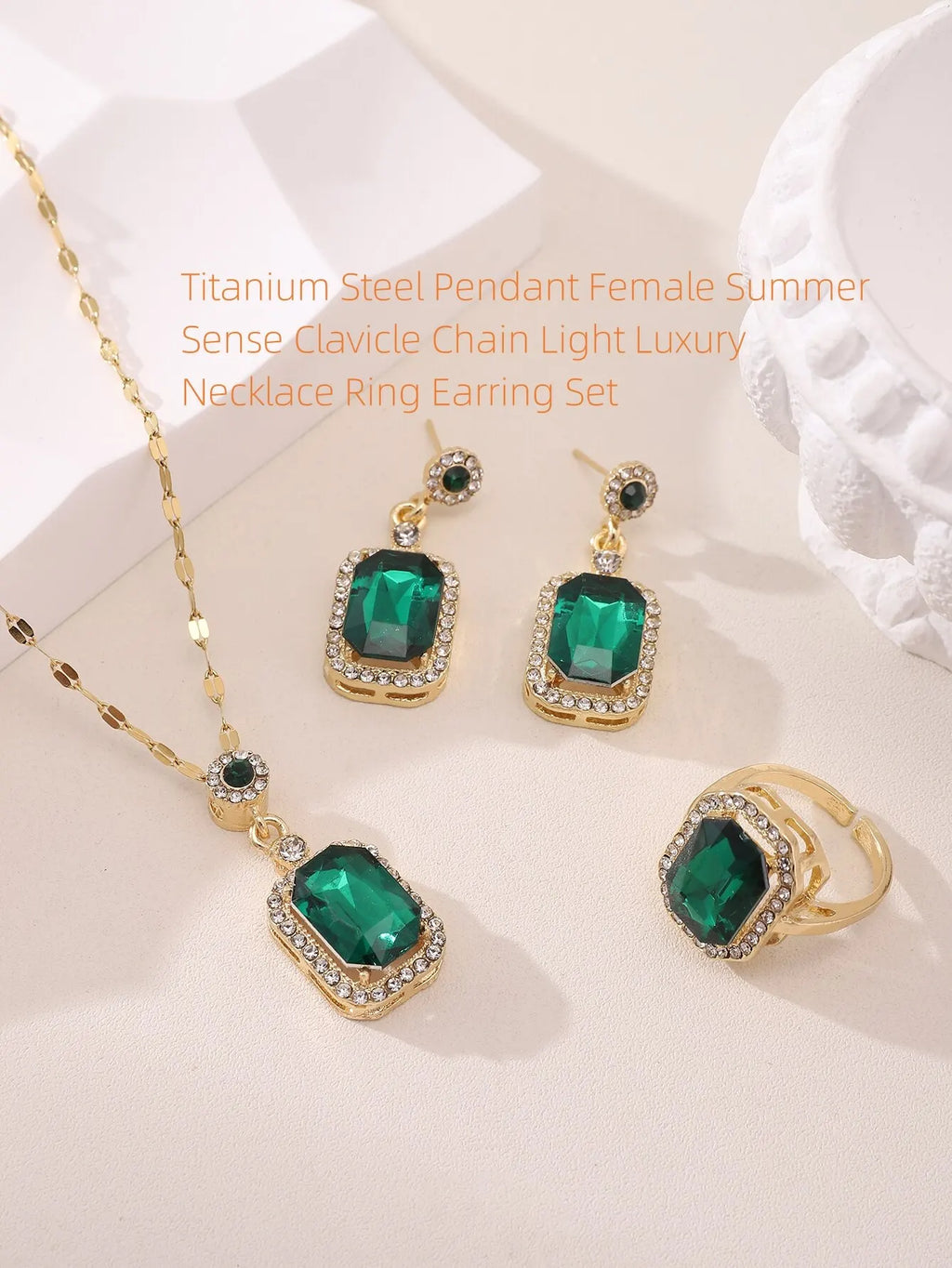 Emerald Crystal Pendant Jewelry Set – Gold Necklace, Earrings & Ring for Women