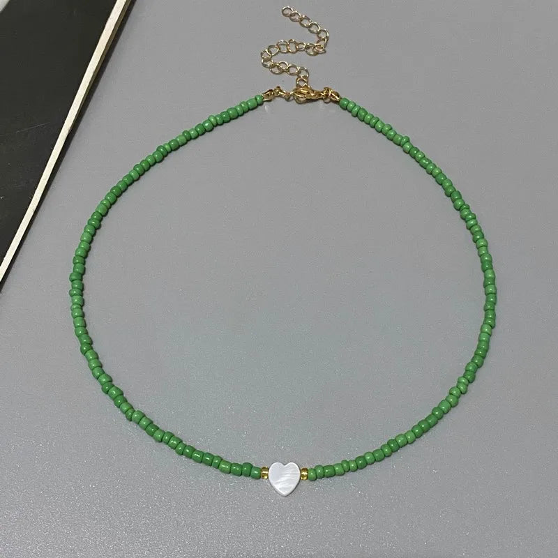Colorful Glass Bead Heart Choker Necklace for Girls – Shell Pendant Trendy Jewelry
