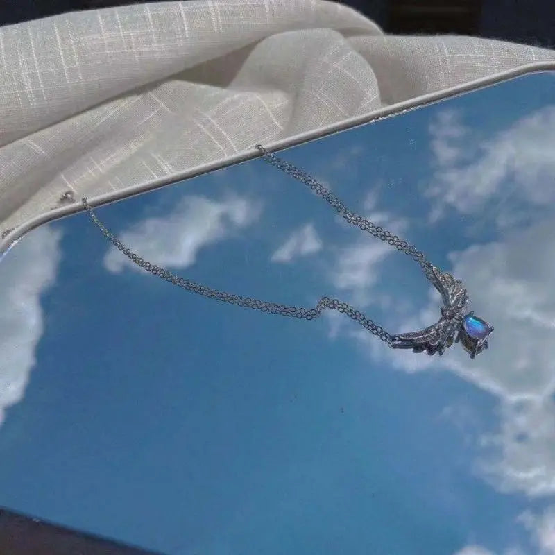 Angel Wings Pendant Necklace for Women – Moonstone Rhinestone Collarbone Jewelry