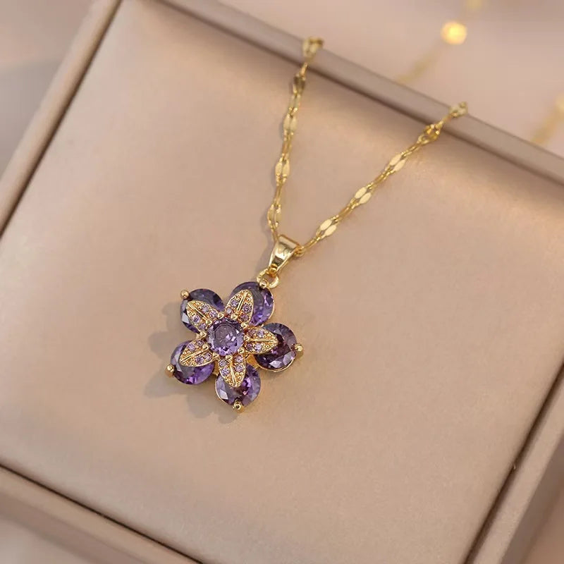 Gold Color Zircon Flower Pendant Necklace for Women – Stainless Steel Chain