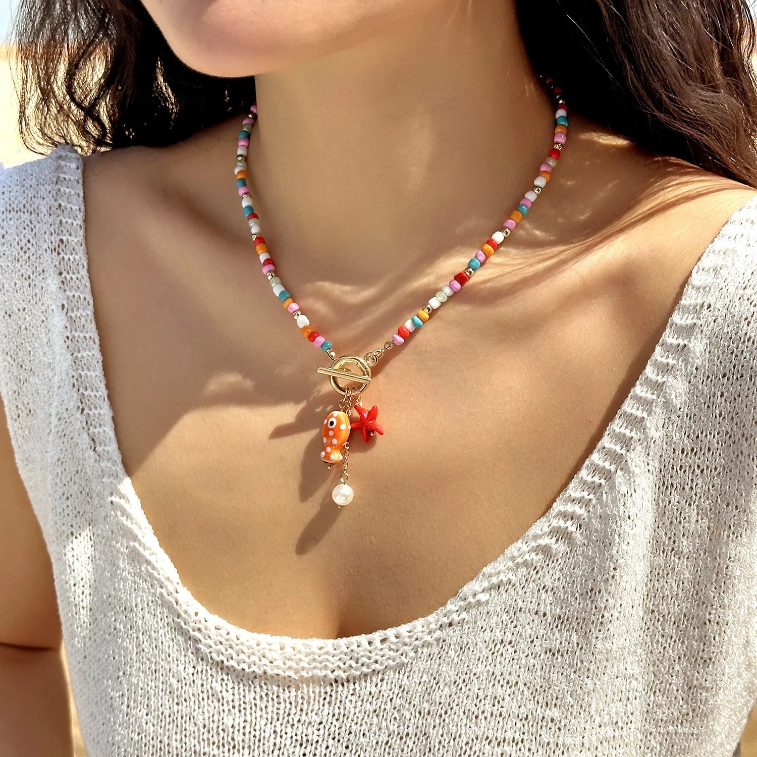 Bohemian Ceramic Fish & Starfish Pendant Necklace – Rainbow Bead Beach Jewelry