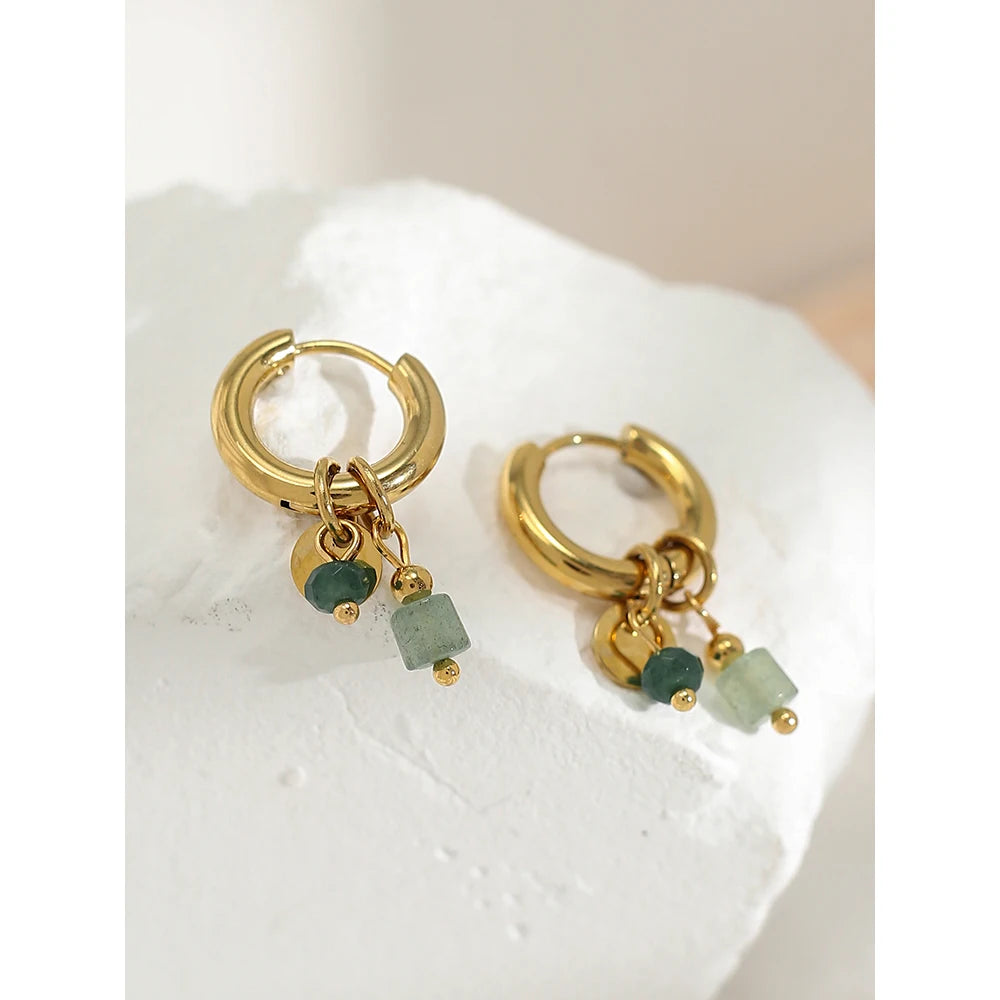 18K Gold Plated Stainless Steel Hoop Earrings – Green Stone Charm Jewelry for Women