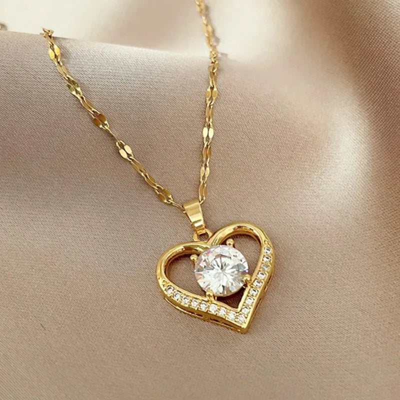 Heart Pendant Necklace for Women – Gold Chain with Zircon Gems, Classic Jewelry