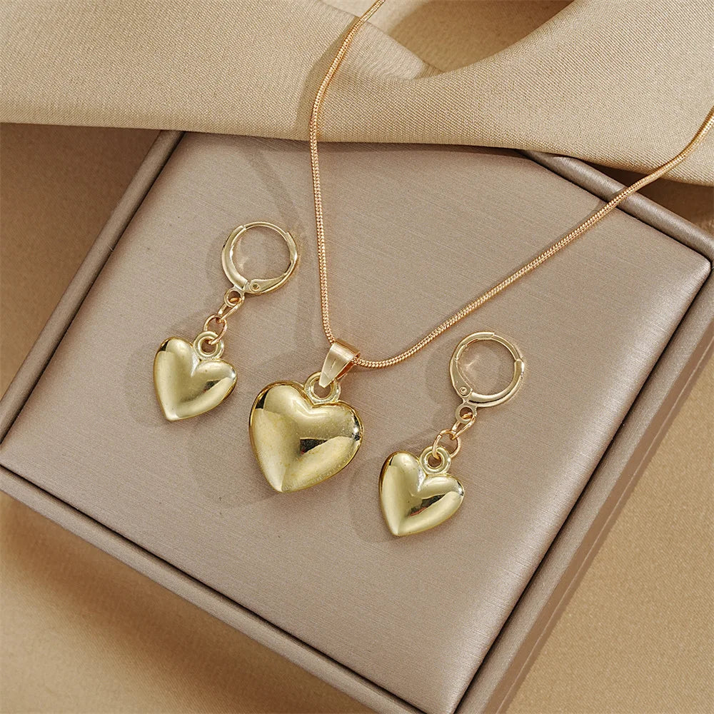 Gold Plated Heart Jewelry Set – Necklace & Dangle Earrings for Women