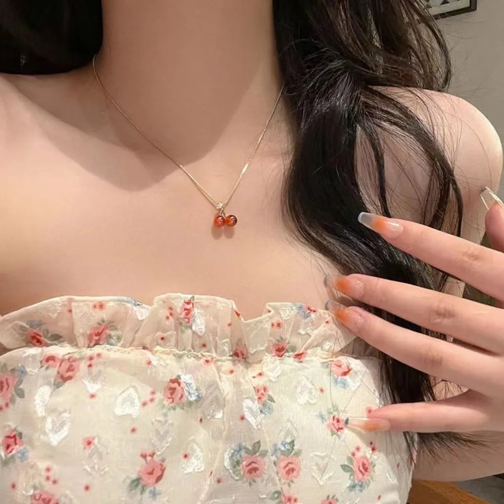 Red Cherry Pendant Necklace for Women – Gold Zinc Alloy Snake Chain Jewelry