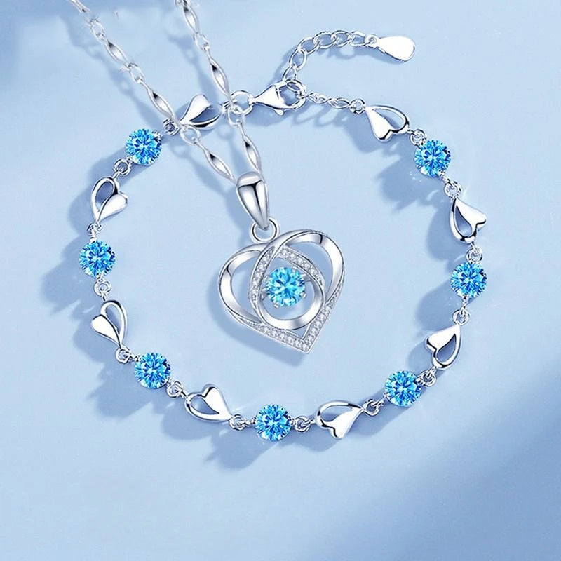 925 Sterling Silver Heart Necklace & Bracelet Set for Women – Crystal Party Jewelry