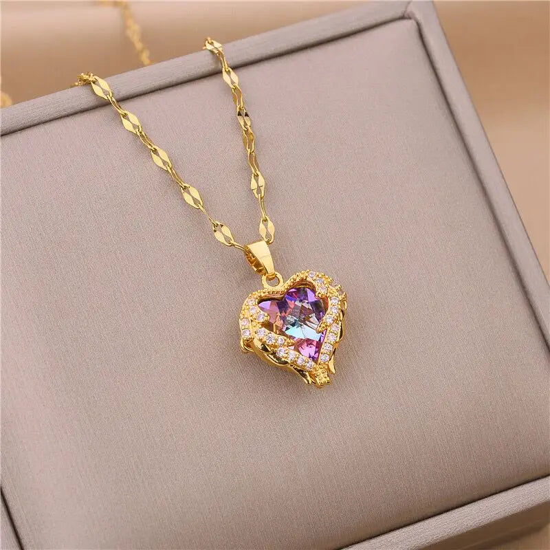 Colorful Crystal Ocean Heart Pendant Necklace for Women – Stainless Steel Jewelry