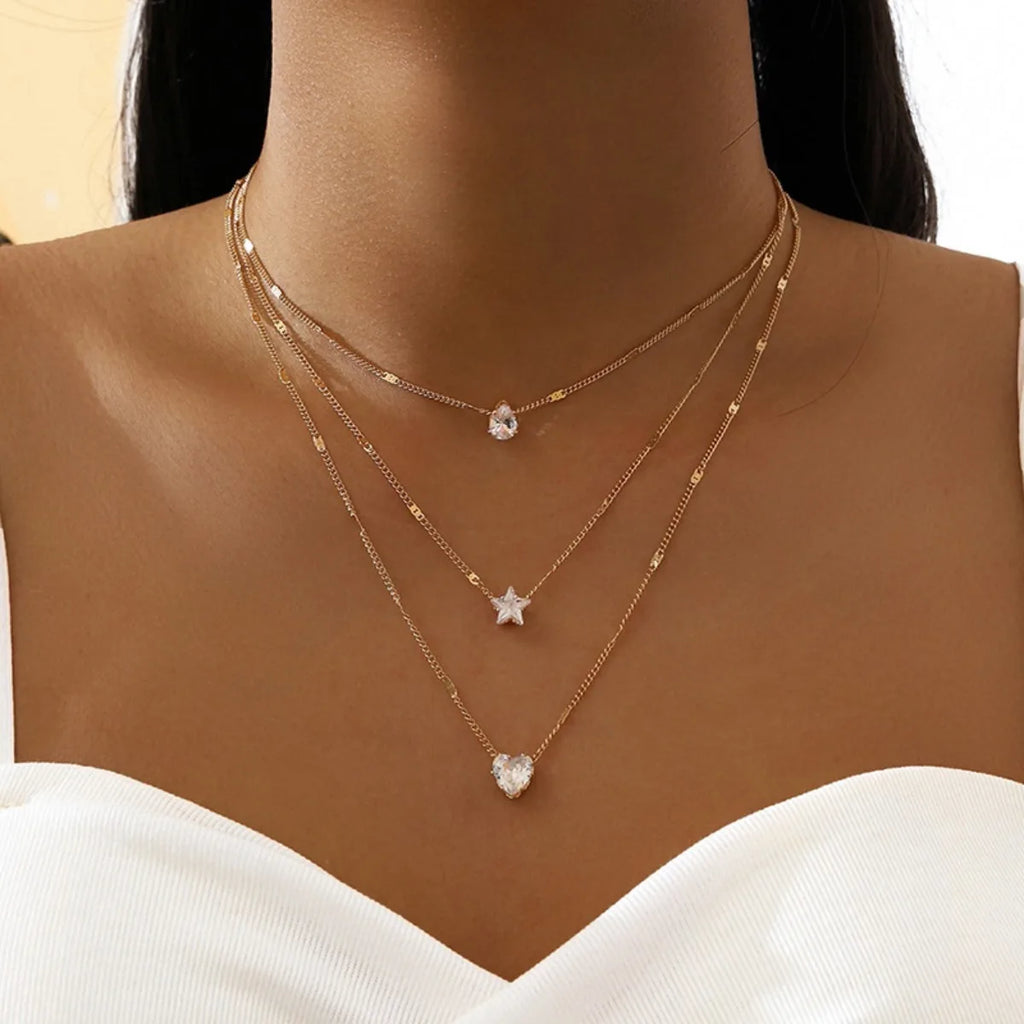Multi-Layer Star & Heart Pendant Chain Necklace for Women – Trendy Zircon Jewelry